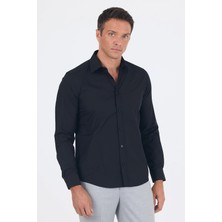 İmza Siyah Uzun Kol Sert Yaka Düz Pamuklu Slim Fit Gömlek 1004260057