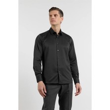 İmza Siyah Sert Yaka Uzun Kol Cepsiz Slim Fit Pamuklu Gömlek 1004255228