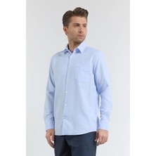 İmza Mavi Kendinden Desenli Sert Yaka Uzun Kol Cepli Comfort Fit Pamuklu Gömlek 1004255206