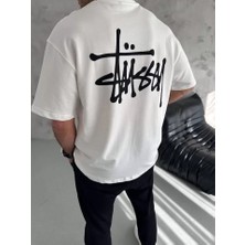 Modi Green Baskılı Unisex Günlük Stil Beyaz Abstract Sanat Oversize Tişört