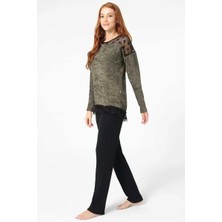 Brand Anıl 9084 Uzun Kol Bisiklet Yaka Polyester Elastan Düz Kışlık Örme Normal Bel Transparan Tül Detaylı Pijama Takımı