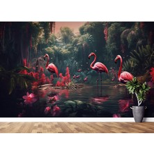 Lotus Aura 3D Flamingo Desenli Duvar Kağıdı, Tropikal Orman Manzaralı Duvar Posteri
