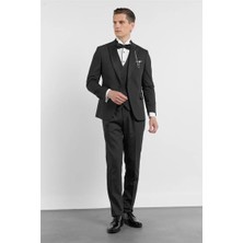İmza Siyah Kılıç Yaka Düz Desen 6 Drop Slim Fit Esnek Yelekli Takım Elbise 1001260293