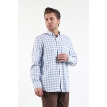 İmza Beyaz - Mavi Düğmeli Yaka Uzun Kol Cepli Comfort Fit Pamuklu Gömlek 1004260178