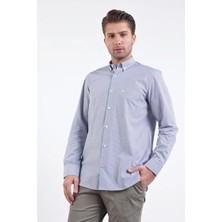 İmza Beyaz - Lacivert Düğmeli Yaka Uzun Kol Cepli Comfort Fit %100 Pamuk Gömlek 1004260170