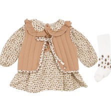 by BebekOdam Kız Bebek Ekru Turuncu Kapitone Yelekli Çiçek Desenli Yakalı Lüks 3'lü Elbise Takım - 1016545