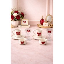 Yzhome 2 Kişilik Porselen Kurdele Fincan Takımı Seti ve 2 Adet Porselen Kurdele Lokumluk ve 2 Cam Bardak