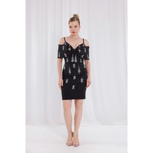 Bdm Exclusive Krep Kumaş El Işi Taşlı Askılı Kısa Abiye Elbise