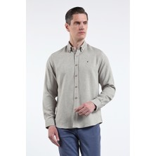 İmza Kahverengi-Beyaz Düğmeli Yaka Uzun Kol Cepsiz Slim Fit Pamuklu Gömlek 1004260164