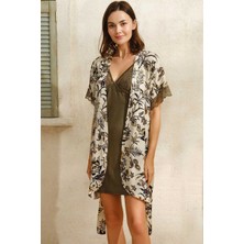 Brand Kadın Dokuma Viskon Çiçek Baskılı Sabahlık ve Dantelli Kısa Gecelik Takım (5708)