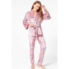 Brand Kadın Kadife Çiçek Baskılı Uzun Kol Sabahlık ve Pantolon Pijama Takım (9732)