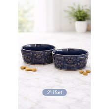Bev Kitchen 2'li Set Porselen Kedi Köpek Mama ve Su Kabı Mavi-Mavi (14CM&5.5 Cm)