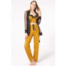 Brand Kadın Tül Dantelli Sabahlık Balenli Destekli Dolgulu Puantiyeli Büstiyer Sütyen ve Pantolon Pijama 3'lü Takım (5667)