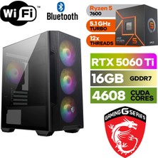 MSI Şafak-Gamıng Pc Ddr5 Amd Ryzen 5 7600 Rtx 5060 Ti 16GB- 16GB Ddr5 Ram 1tb M.2 SSD (5000/4000) Win 11 Pro Wi-Fi E-Spor Oyuncu ve Render Bilgisayarı