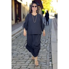 Büzgülü Kol V Yaka Bluz Beli Lastikli Yanlarda Büzgü Detay Etek Buble Kumaş Ikili Takım