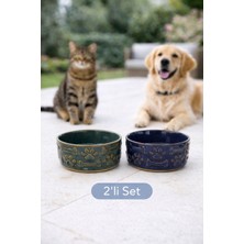 Bev Kitchen 2'li Set Porselen Kedi Köpek Mama ve Su Kabı Mavi-Yeşil (14CM&5.5 Cm)