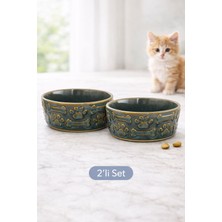 Porselen Diyarı 2'li Set Porselen Kedi Köpek Mama ve Su Kabı Yeşil-Yeşil (14CM&5.5 Cm)