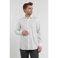 İmza Beyaz Uzun Kol Sert Yaka Kendinden Desenli %100 Pamuk Comfort Fit Gömlek 1004255204