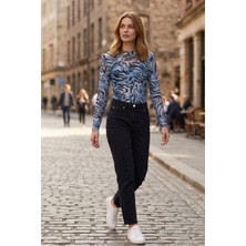 Lupinn Kadın Mavi Leopar Desenli Transparan Bluz Tül Uzun Kollu Slim Fit Body