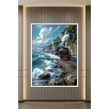 Artan Gallery Italyan Kadife Tren Tablosu | Deniz Dalgası & Sahil Manzarası Yağlı Boya Görünümlü Ahşap Çerçeveli