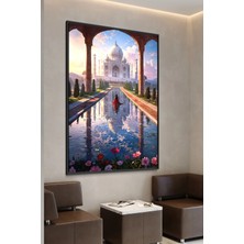 Artan Gallery Italyan Kadife Tac Mahal Duvar Tablosu | Yansımalı Bahçe | Yağlı Boya Görünümlü | Ahşap Çerçeveli