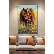 Artan Gallery Italyan Kadife Duvar Tablosu | Kadın ve At | Yağlı Boya Görünümlü | Ahşap Çerçeveli