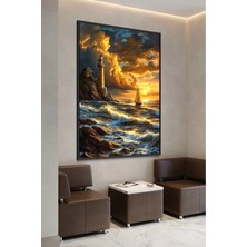 Artan Gallery Italyan Kadife Deniz Feneri ve Yelkenli Duvar Tablosu | Yağlı Boya Görünümlü | Ahşap Çerçeveli
