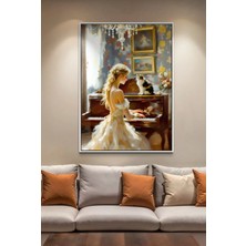 Artan Gallery Italyan Kadife Duvar Tablosu | Piyano Çalan Kadın ve Kedi | Yağlı Boya Görünümlü | Ahşap Çerçeveli