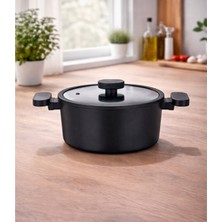 Lavonni Valeria 24 cm Granit Derin Tencere Silikon Kenarlı Cam Kapak - Siyah