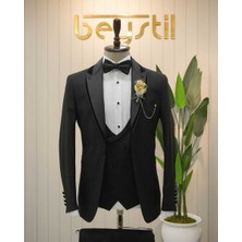 Beystil Şal Yaka Üzerine Sivri Yaka Siyah Damatlık & Smokin Takım 446- Slim Fit