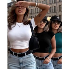 Punix Özel Üretim Baskısız Düz Renk %100 Pamuk 3'lü Kadın Yazlık Crop T-Shirt