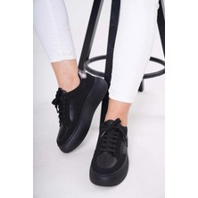 Golden Heel  Kadın Siyah Bağcıklı Kalın Tabanlı Sneaker  Spor Ayakkabı
