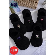 Hitit Socks Kadın 5 Çift Premium Kalite Fiyonk Çiçek ve Kalp Desenli Görünmez Babet Çorap Siyah