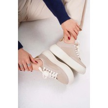 Golden Heel  Kadın Bej Bağcıklı Kalın Tabanlı Sneaker  Spor Ayakkabı
