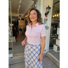 Polo Yaka Açık Pembe Pamuk Bluz