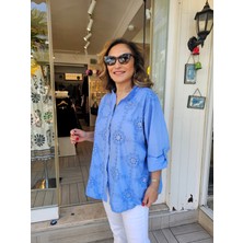 Pul Işlemeli Ithal Pamuk Mavi Gömlek