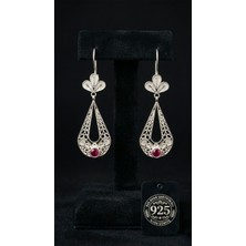 Roza Silver 925 Ayar Gümüş Geleneksel El Işçiliği Telkari Yakut Renk Taşlı Lale Figürlü Damla Drop Sallantılı Küpe