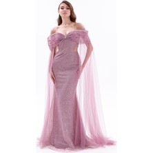 Bdm Exclusive Drapeli Taş Detaylı Tül Payet Pelerinli Uzun Abiye Elbise