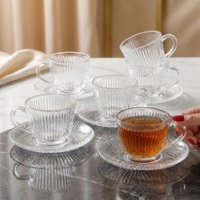 Fair Home Kristal Çizgi Desen 6 Kişilik Tabaklı Lüks Cam Çay Fincan Takımı - 200 Ml.