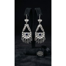 Roza Silver 925 Ayar Gümüş Geleneksel Telkari Safir Taşlı Pullu Salkım Şahmeran Küpe