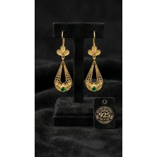 Roza Silver 925 Ayar Gümüş Geleneksel Telkari Altın Kaplama Zümrüt Yeşili Taşlı Lale Figürlü Damla Drop Küpe