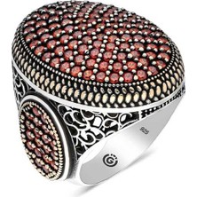 Fm 💎 Premium 925 Ayar Ithal Gümüş Kırmızı Zirkon Taşlı Oval Erkek Yüzük - 23 Ölçü