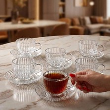 Fair Home Bahar Çizgi Desen 6 Kişilik Tabaklı Lüks Cam Çay Fincan Takımı – 240 Ml.