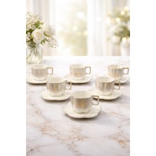 Yzhome Acar 6 Kişilik Lüks Beyaz Porselen Lüsterli Kahve Fincan Takımı Seti 120ML