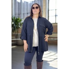 Fermuarlı Katlanır Kol Belden Büzgü Detay Büyük Beden Mevsimlik Ince Tensel Safari Ceket