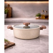 Lavonni Valeria 20 cm Granit Derin Tencere Silikon Kenarlı Cam Kapak - Cappucino