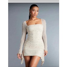 Kadın Ekru Inci Işlemeli Tül Elbise - Kare Yaka Drape Detaylı Mini Elbise