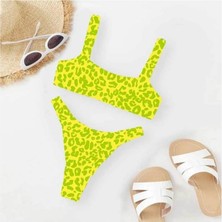 AGM Fosforlu Sarı-Yeşil Üzerine Leopar Desenli Iki Parçalı  Bikini Takımı .m Beden Leopar Desenli Bikini Takımı