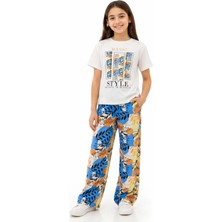 İrem Çocuk Giyim Kız Çocuk Basic Style Yazı Desenli Tişört Pantolonlu Mavi Renk İkili Takım