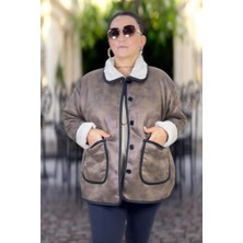 Düğme Kapama Geniş Yan Cep Içi Kürklü Bebe Yaka Büyük Beden Peluş Ceket
